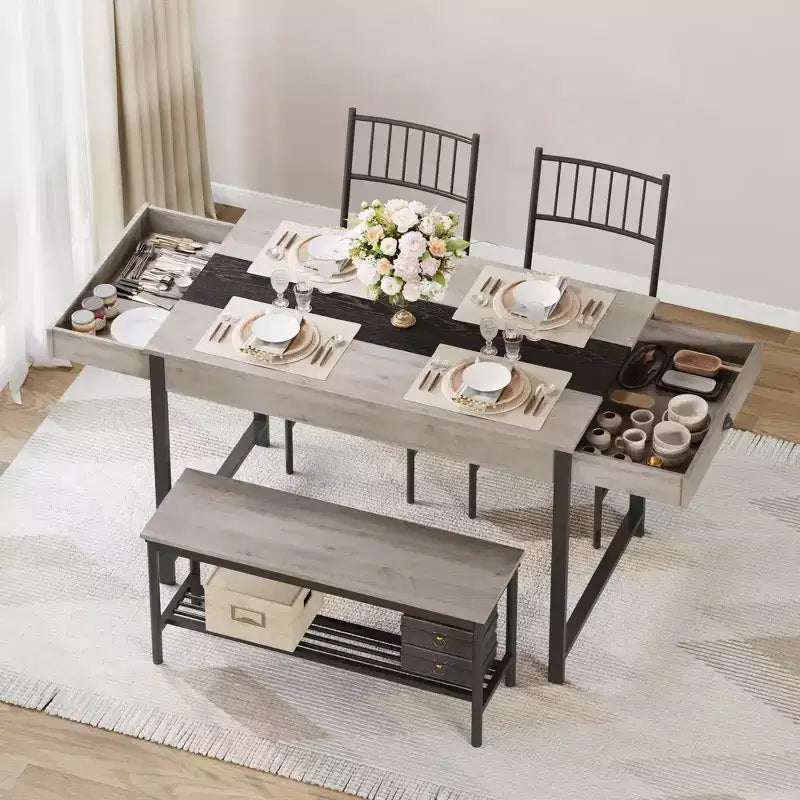 Set da pranzo rettangolare a 4 posti marrone/grigio con panca e 2 sedie
