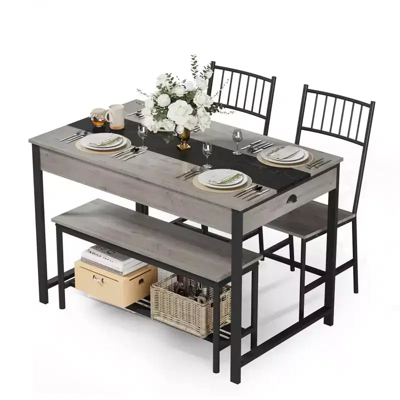 Set da pranzo rettangolare a 4 posti marrone/grigio con panca e 2 sedie
