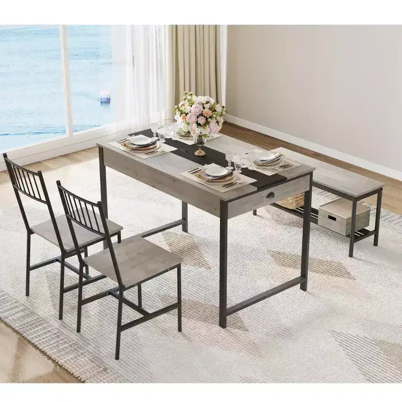 Set da pranzo rettangolare a 4 posti marrone/grigio con panca e 2 sedie