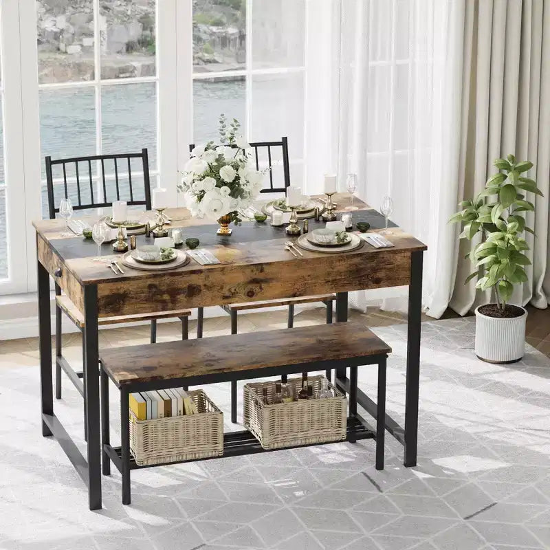 Set da pranzo rettangolare a 4 posti marrone/grigio con panca e 2 sedie