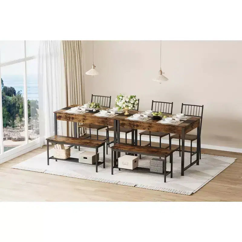 Set da pranzo rettangolare a 4 posti marrone/grigio con panca e 2 sedie
