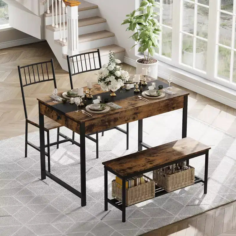 Set da pranzo rettangolare a 4 posti marrone/grigio con panca e 2 sedie