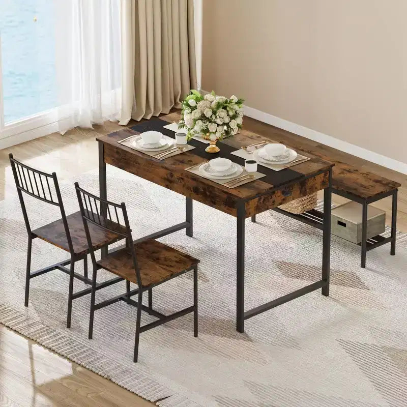 Set da pranzo rettangolare a 4 posti marrone/grigio con panca e 2 sedie