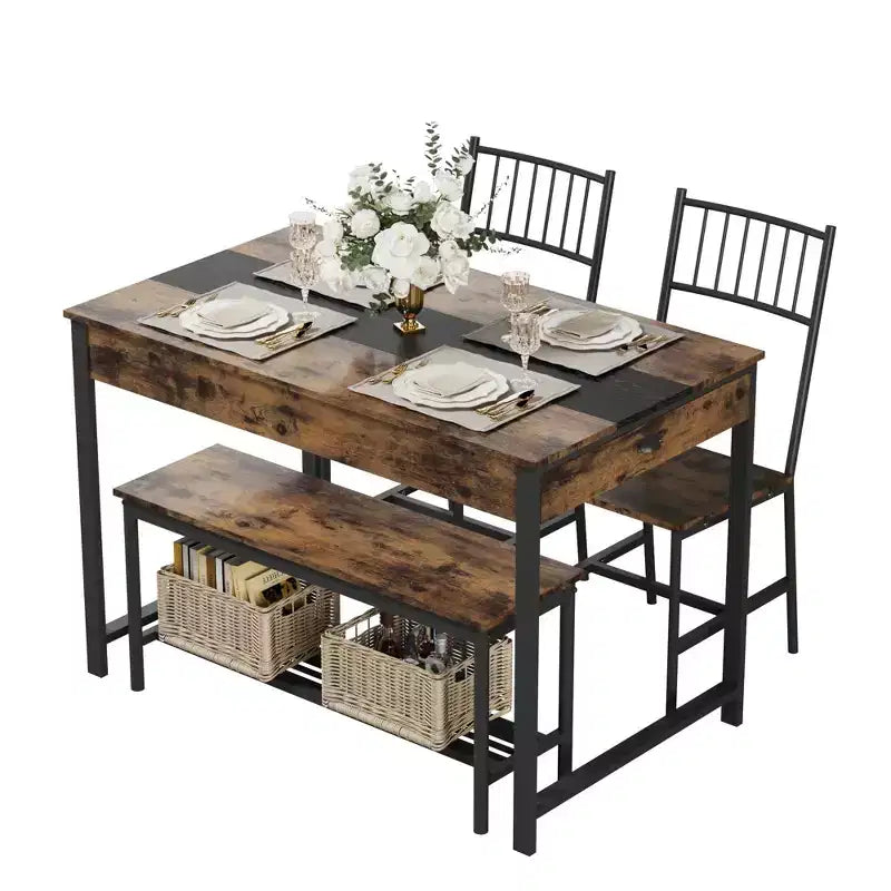 Set da pranzo rettangolare a 4 posti marrone/grigio con panca e 2 sedie