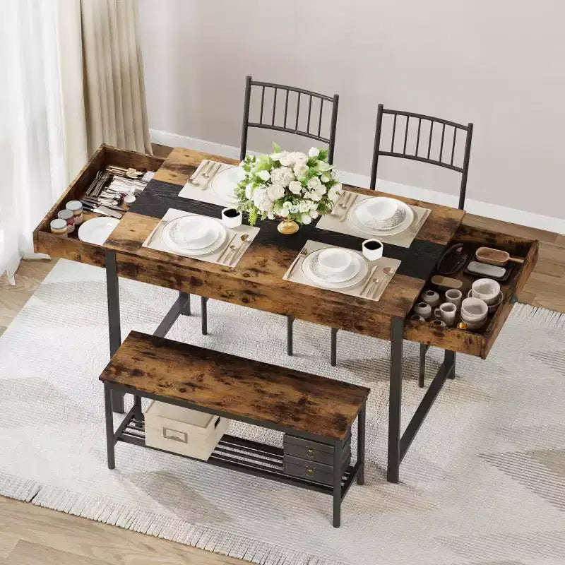 Set da pranzo rettangolare a 4 posti marrone/grigio con panca e 2 sedie