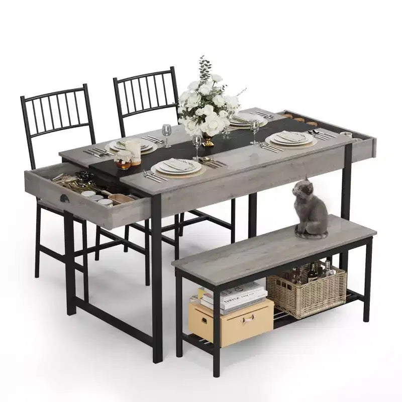 Set da pranzo rettangolare a 4 posti marrone/grigio con panca e 2 sedie