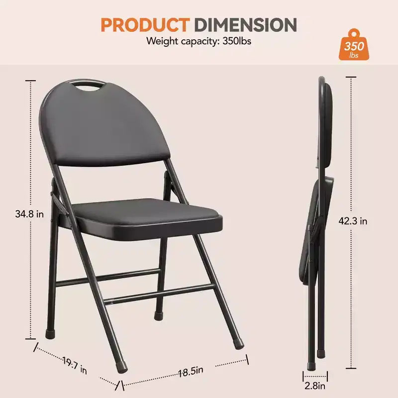 Sedia da pranzo pieghevole in metallo con schienale alto in pelle PU nera, set da 4