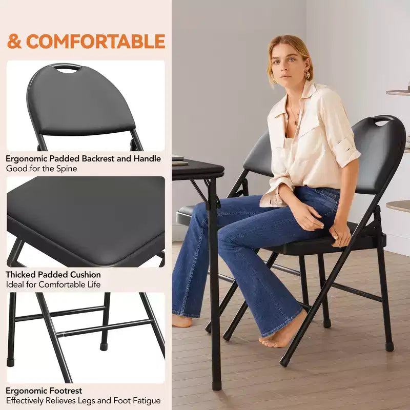 Sedia da pranzo pieghevole in metallo con schienale alto in pelle PU nera, set da 4