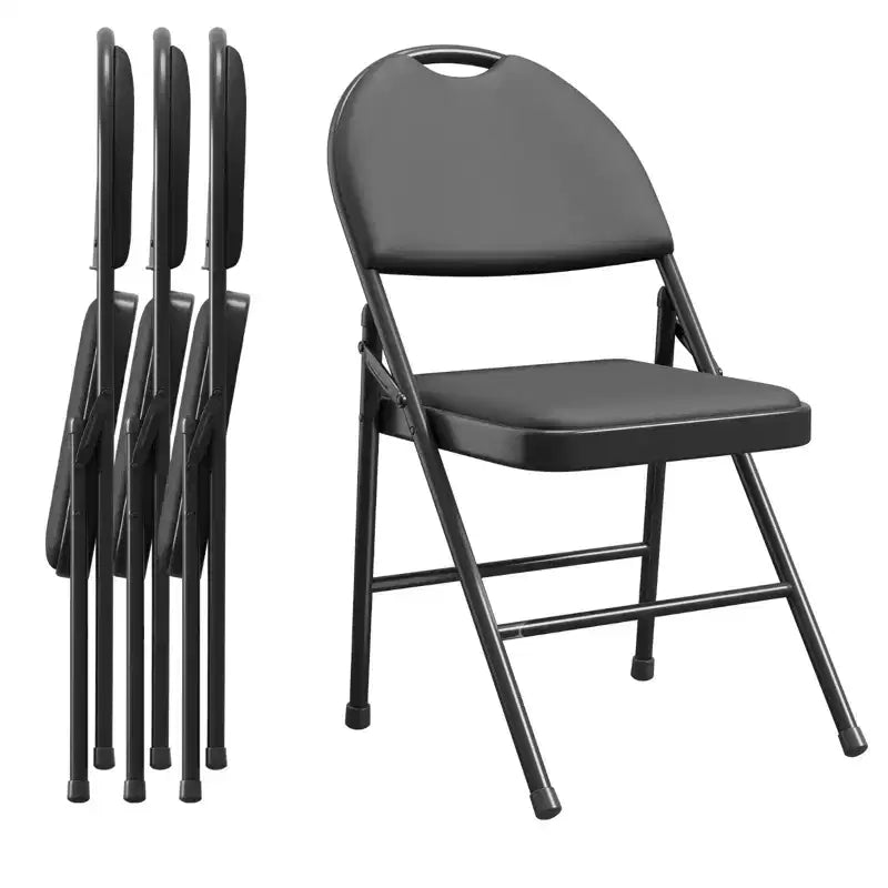 Sedia da pranzo pieghevole in metallo con schienale alto in pelle PU nera, set da 4