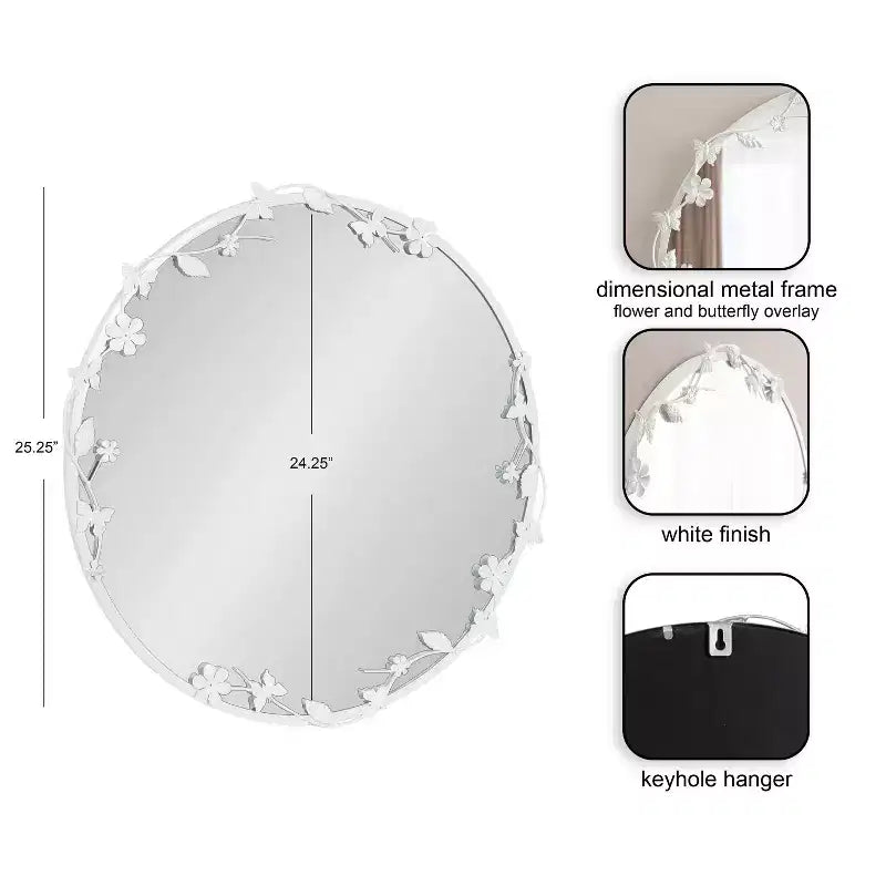 Specchio da parete rotondo bianco floreale e con farfalle, struttura in metallo, 66x66 cm, 1 persona