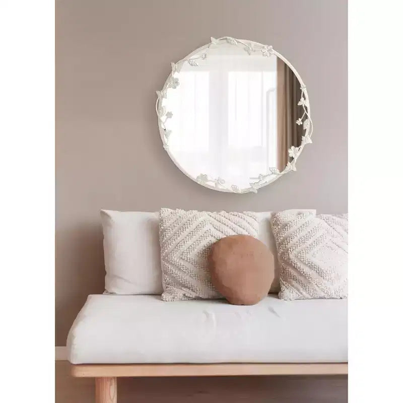 Specchio da parete rotondo bianco floreale e con farfalle, struttura in metallo, 66x66 cm, 1 persona