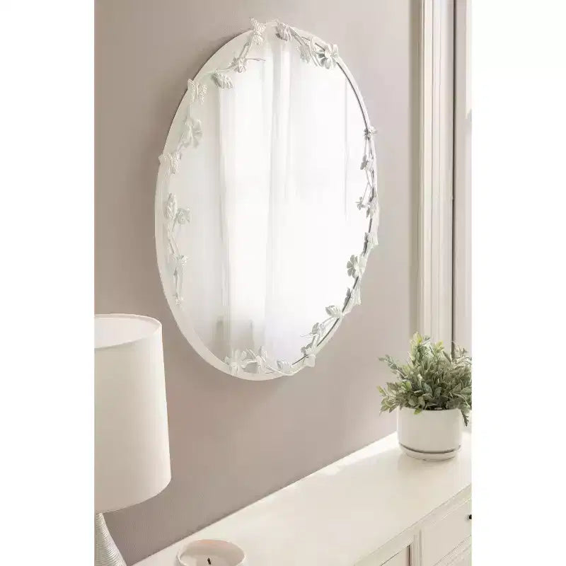 Specchio da parete rotondo bianco floreale e con farfalle, struttura in metallo, 66x66 cm, 1 persona