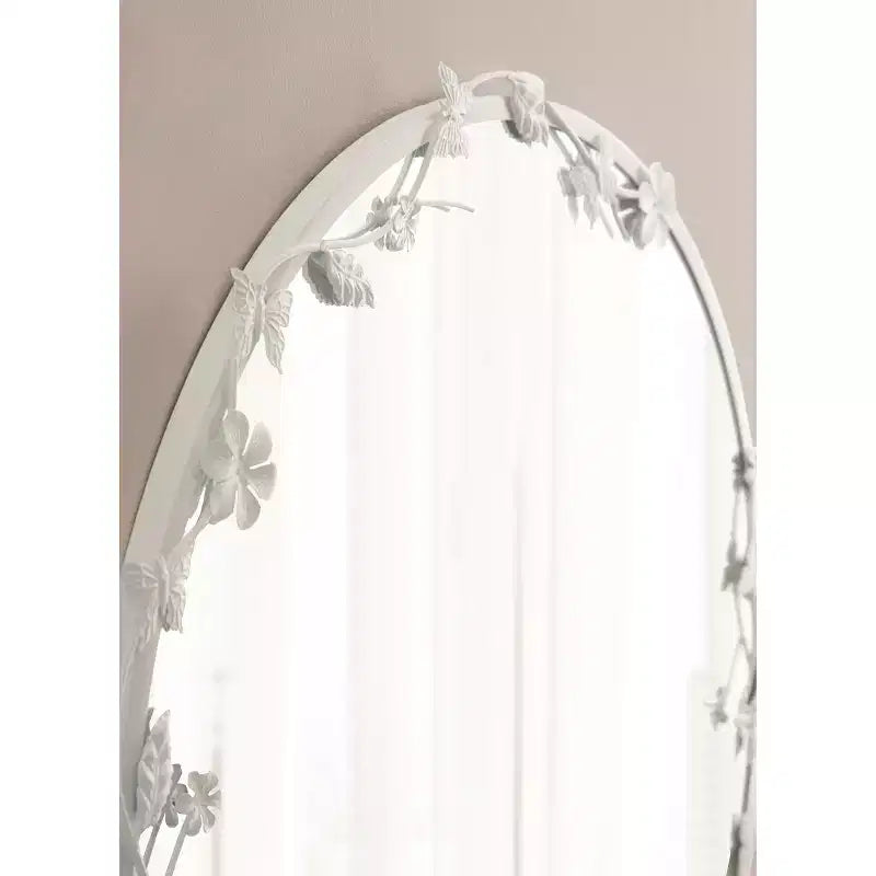 Specchio da parete rotondo bianco floreale e con farfalle, struttura in metallo, 66x66 cm, 1 persona