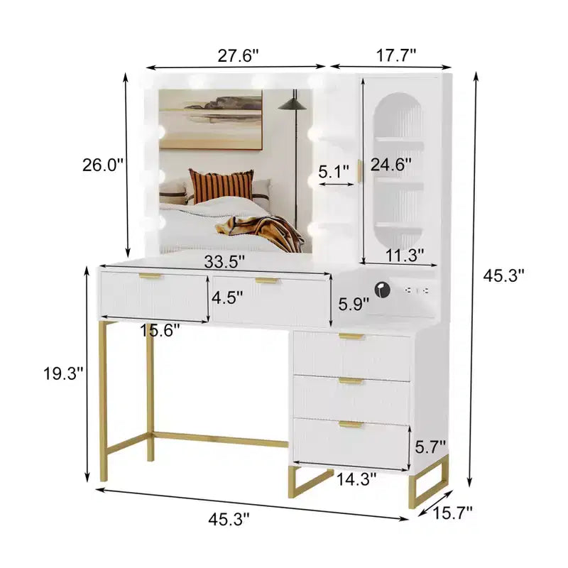 Toeletta moderna con specchio illuminato, prese di corrente, ampio spazio per riporre oggetti, tavolo da trucco scanalato in legno per donne e ragazze