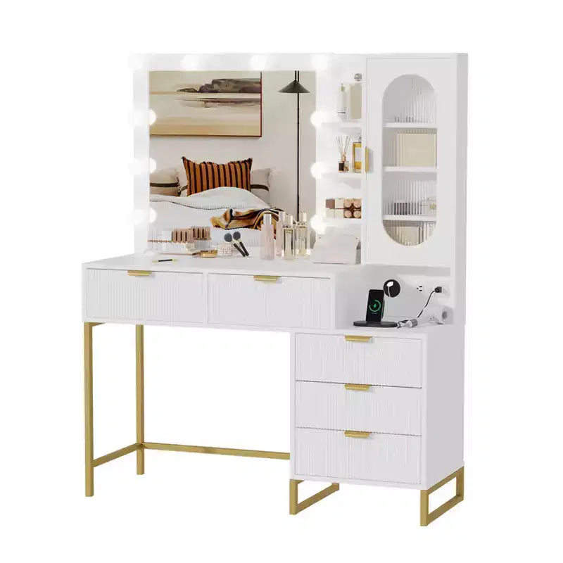 Toeletta moderna con specchio illuminato, prese di corrente, ampio spazio per riporre oggetti, tavolo da trucco scanalato in legno per donne e ragazze
