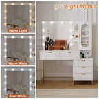 Toeletta moderna con specchio illuminato, prese di corrente, ampio spazio per riporre oggetti, tavolo da trucco scanalato in legno per donne e ragazze