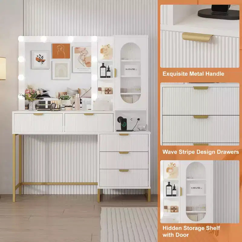 Toeletta moderna con specchio illuminato, prese di corrente, ampio spazio per riporre oggetti, tavolo da trucco scanalato in legno per donne e ragazze