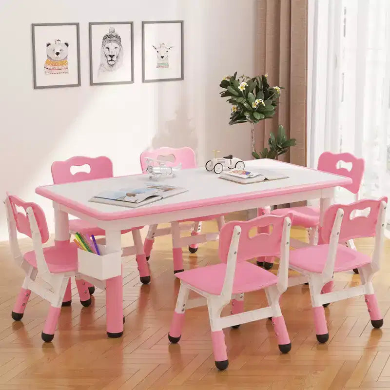 Set tavolo attività per bambini in legno naturale e metallo nero, 6 sedie, età 2–10