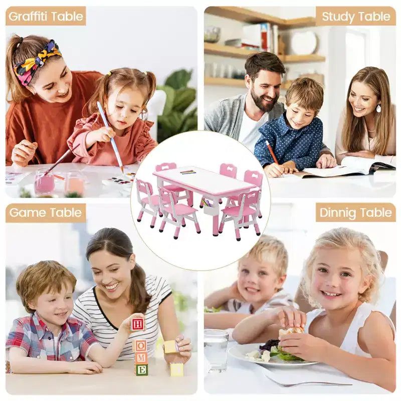 Set tavolo attività per bambini in legno naturale e metallo nero, 6 sedie, età 2–10