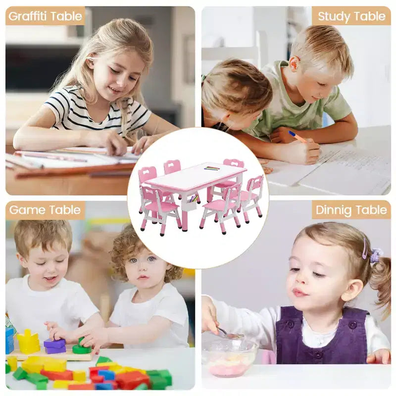 Set tavolo attività per bambini in legno naturale e metallo nero, 6 sedie, età 2–10