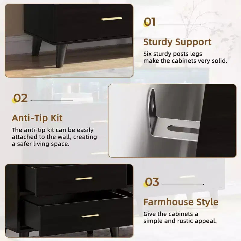 Mobile Bar Caffè da 120 cm (Nero / Noce Scuro / Bianco) – Credenza a 4 Ante con 2 Cassetti e Prese Elettriche