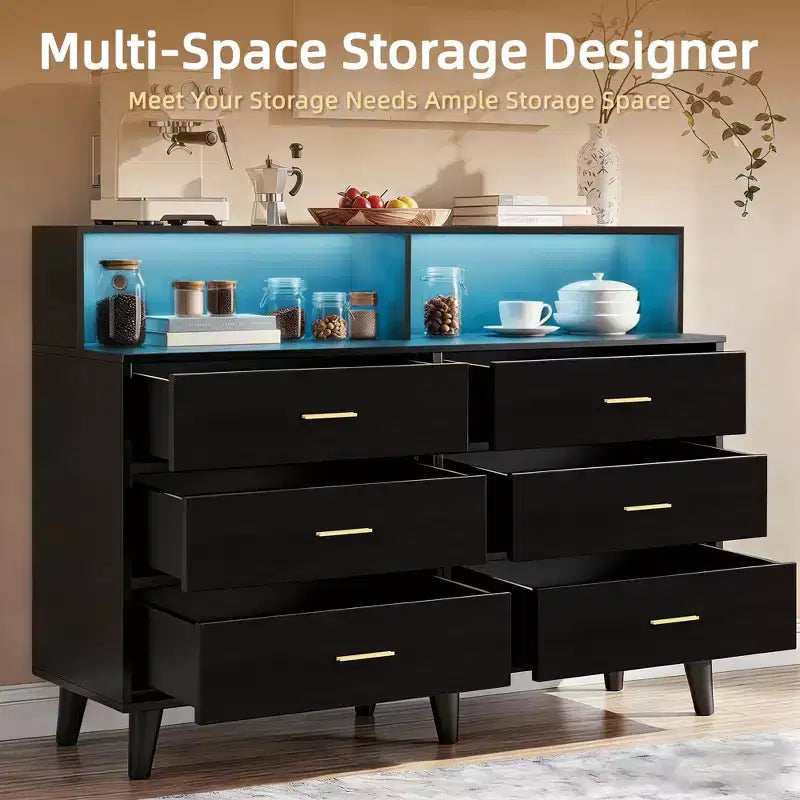 Mobile Bar Caffè da 120 cm (Nero / Noce Scuro / Bianco) – Credenza a 4 Ante con 2 Cassetti e Prese Elettriche