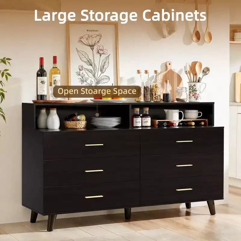 Mobile Bar Caffè da 120 cm (Nero / Noce Scuro / Bianco) – Credenza a 4 Ante con 2 Cassetti e Prese Elettriche