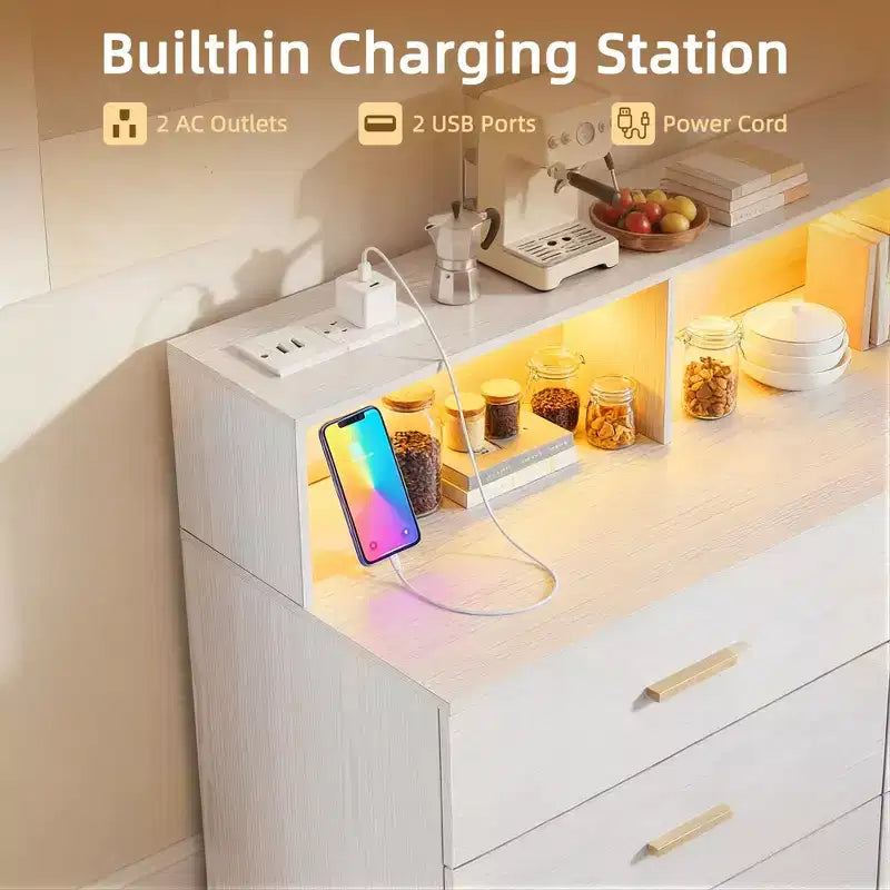 Mobile Bar Caffè da 120 cm (Nero / Noce Scuro / Bianco) – Credenza a 4 Ante con 2 Cassetti e Prese Elettriche
