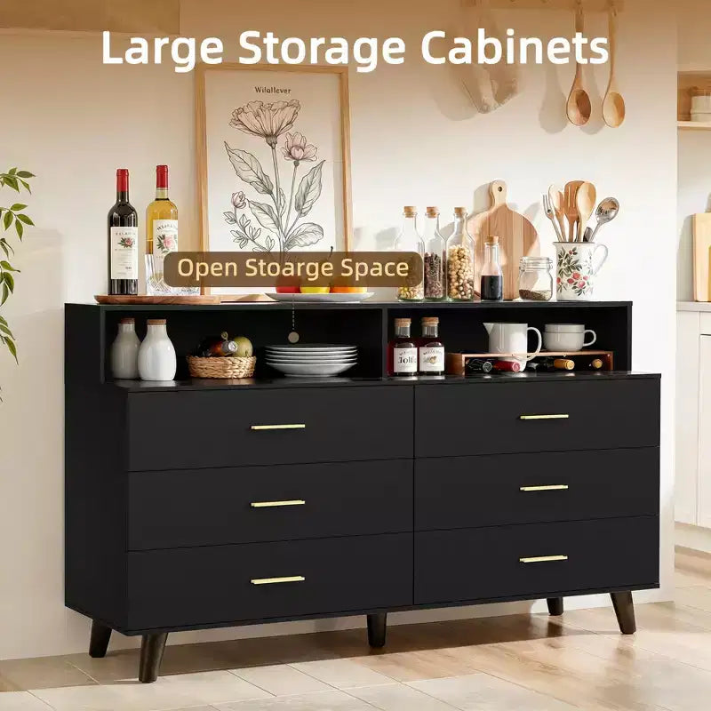 Mobile Bar Caffè da 120 cm (Nero / Noce Scuro / Bianco) – Credenza a 4 Ante con 2 Cassetti e Prese Elettriche