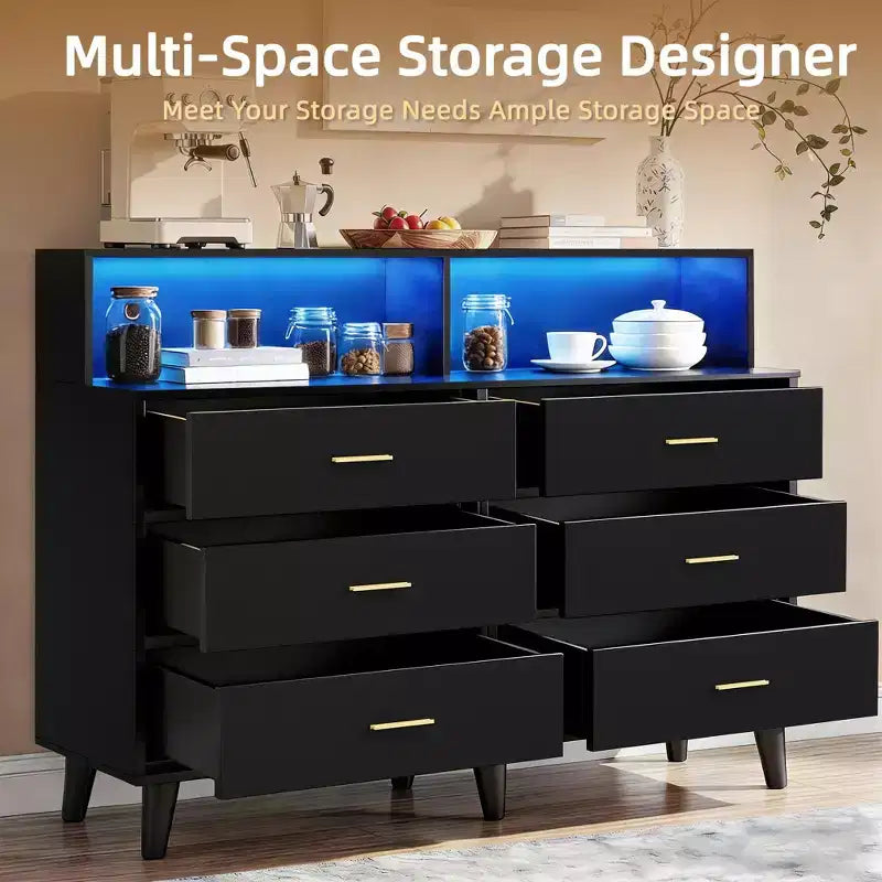 Mobile Bar Caffè da 120 cm (Nero / Noce Scuro / Bianco) – Credenza a 4 Ante con 2 Cassetti e Prese Elettriche
