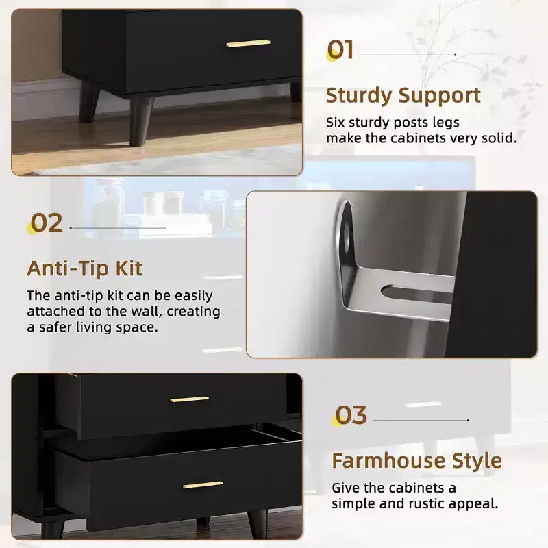 Mobile Bar Caffè da 120 cm (Nero / Noce Scuro / Bianco) – Credenza a 4 Ante con 2 Cassetti e Prese Elettriche