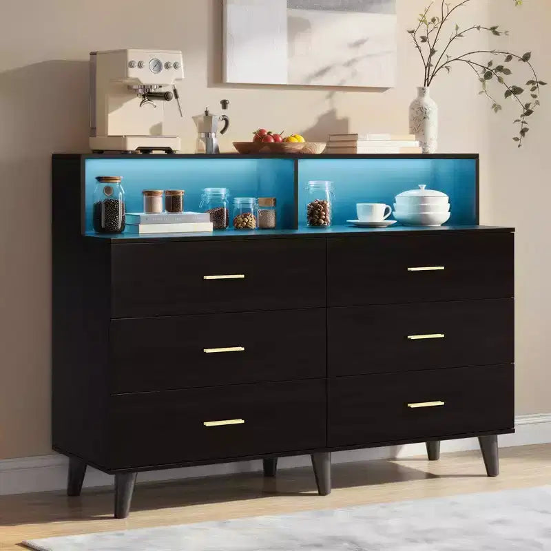 Mobile Bar Caffè da 120 cm (Nero / Noce Scuro / Bianco) – Credenza a 4 Ante con 2 Cassetti e Prese Elettriche