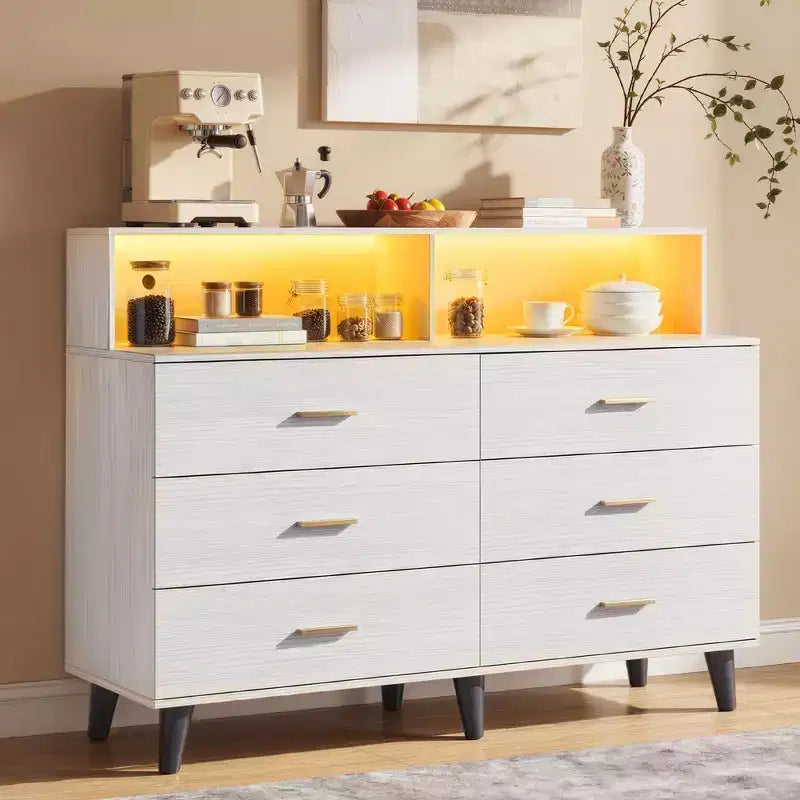 Mobile Bar Caffè da 120 cm (Nero / Noce Scuro / Bianco) – Credenza a 4 Ante con 2 Cassetti e Prese Elettriche