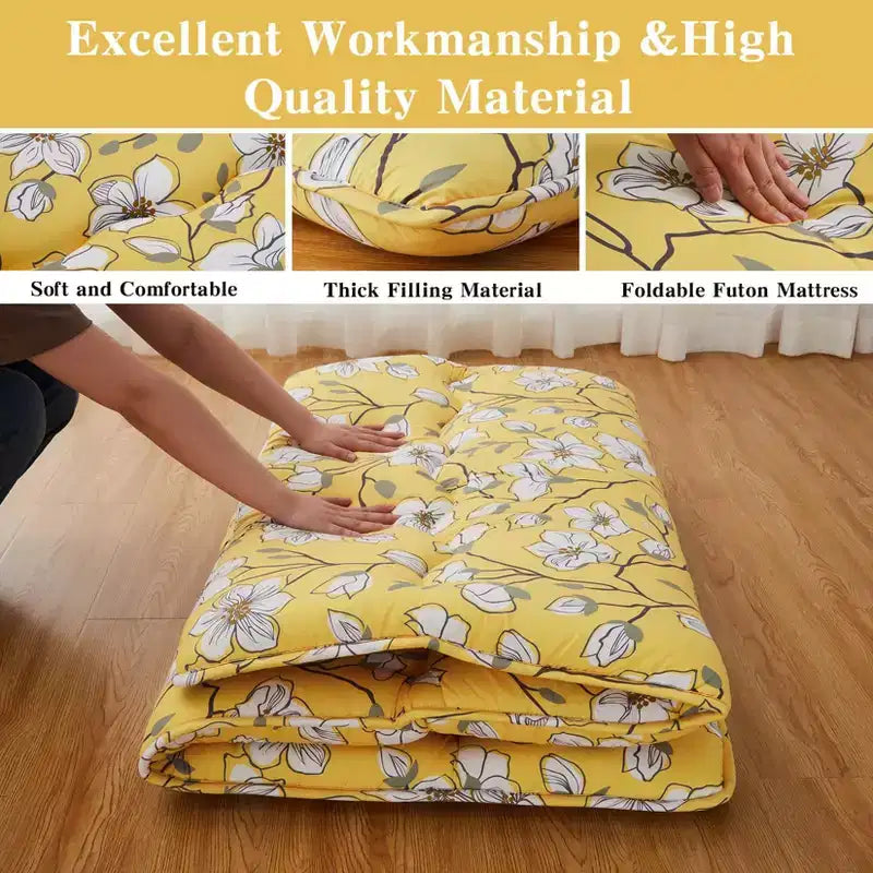 Materasso futon da pavimento matrimoniale a fiori gialli, materassino arrotolabile pieghevole, 1 persona