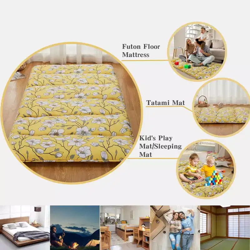 Materasso futon da pavimento matrimoniale a fiori gialli, materassino arrotolabile pieghevole, 1 persona