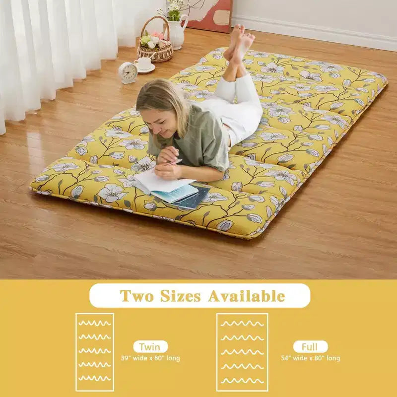 Materasso futon da pavimento matrimoniale a fiori gialli, materassino arrotolabile pieghevole, 1 persona